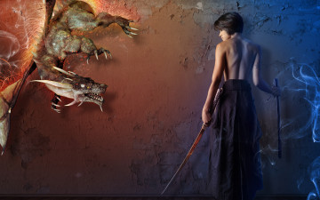 Картинка фэнтези фотоарт катана фото арт дракон девушка