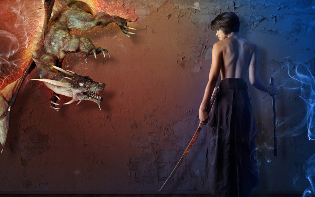 Обои картинки фото фэнтези, фотоарт, катана, фото, арт, дракон, девушка