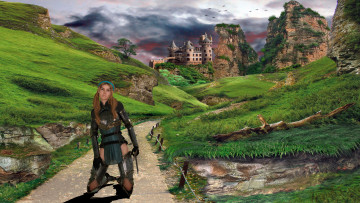 Картинка 3д+графика люди+ people девушка замок фон взгляд