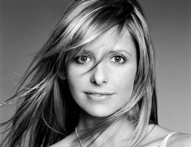 Обои картинки фото девушки, sarah michelle gellar, черно-белая, улыбка, актриса, лицо, блондинка, сара, мишель, геллар
