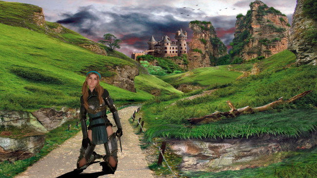 Обои картинки фото 3д графика, люди , people, девушка, замок, фон, взгляд