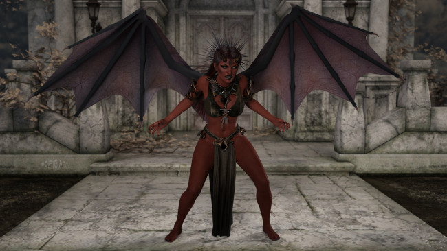 Обои картинки фото 3д графика, существа , creatures, взгляд, девушка, демон, фон