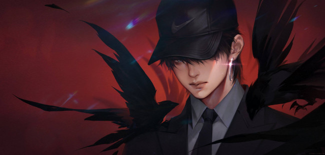 Обои картинки фото аниме, животные,  существа, парень, кепка, серьга, костюм, вороны