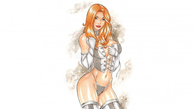 Обои картинки фото рисованное, elberty oliveira, девушка, фон, взгляд, чулки, корсет