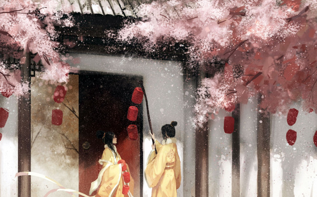 Обои картинки фото аниме, mo dao zu shi, люди, фонари, дом, деревья