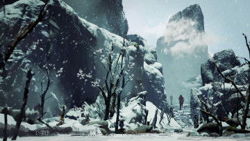 Картинка фэнтези иные+миры +иные+времена скалы снег деревья лестница человек