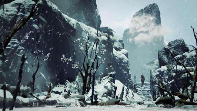 Обои картинки фото фэнтези, иные миры,  иные времена, скалы, снег, деревья, лестница, человек