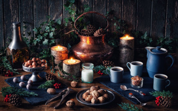 Картинка еда натюрморт шишки орехи свечи кофе