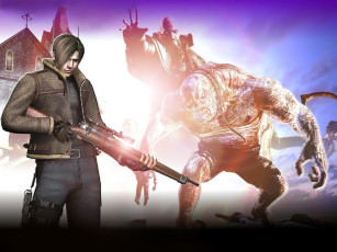 обоя видео игры, resident evil 4, персонажи, оружие, монстр