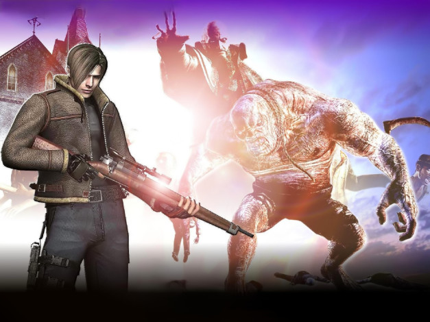 Обои картинки фото видео игры, resident evil 4, персонажи, оружие, монстр