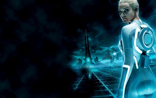 Обои картинки фото кино фильмы, tron legacy, девушка, неон, костюм, башня, площадь