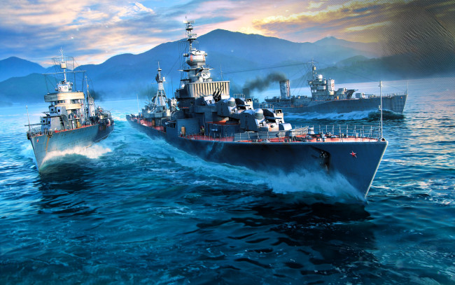 Обои картинки фото видео игры, world of warships, корабли, эскадра, море, горы, облака