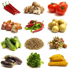 Картинка еда разное орехи белый фон коллаж злаки овощи баклжаны зелень кукуруза огурцы томаты грибы перец