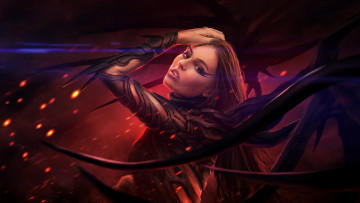 Картинка фэнтези девушки шипы искры поза костюм взгляд