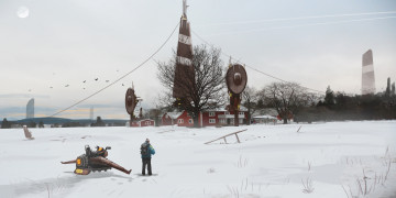 Картинка фэнтези иные+миры +иные+времена зима снег вездеход человек городок будущее мир иной