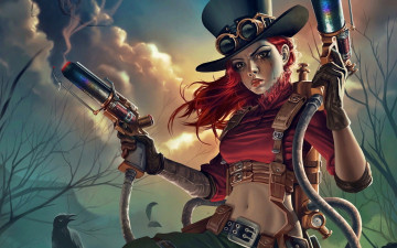 Картинка фэнтези девушки ворон цилиндр оружие стимпанк мир девушка иной