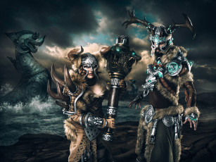 Картинка фэнтези фотоарт воины море мужчина девушка ладья викинги