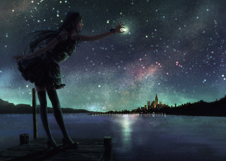 Картинка аниме город +улицы +здания ночь девушка арт