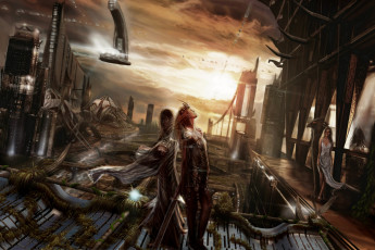 Картинка фэнтези девушки сооружения люди будущее мир иной