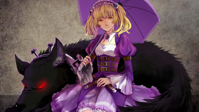 Обои картинки фото unlight, аниме, животные,  существа, зонтик, фон, взгляд, девушка