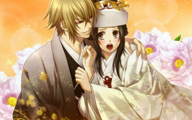 Обои картинки фото аниме, hakuoki, yukimura, chizuru, chigake, kazama, девушка, парень, цветы, кимоно