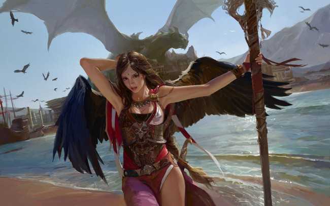 Обои картинки фото фэнтези, ангелы, фон, взгляд, девушка