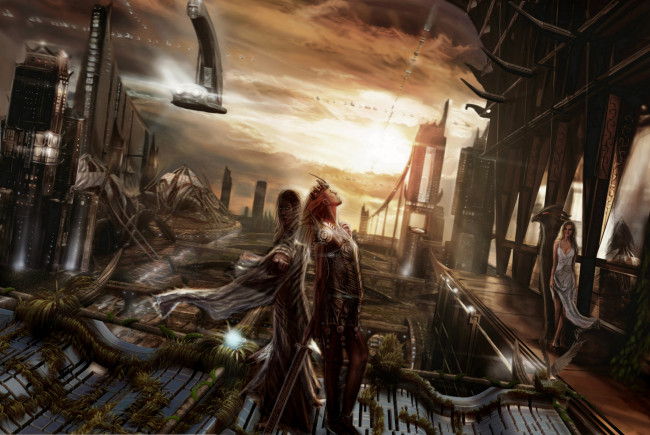 Обои картинки фото фэнтези, девушки, сооружения, люди, будущее, мир, иной
