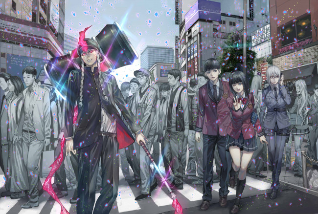 Обои картинки фото аниме, оружие,  техника,  технологии, город, люди