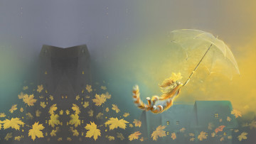 Картинка рисованное животные +коты зонтик листья осень настроение ветер котик арт полёт