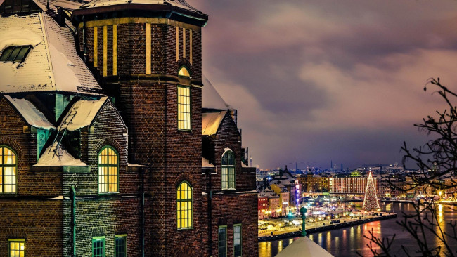 Обои картинки фото города, стокгольм , швеция, зима, вечер, елка, огни