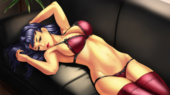 Обои картинки фото рисованное, люди, бельё, диван, фон, девушка