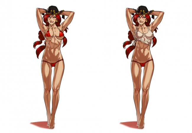 Обои картинки фото рисованное, люди, бандана, девушка, купальник, фон