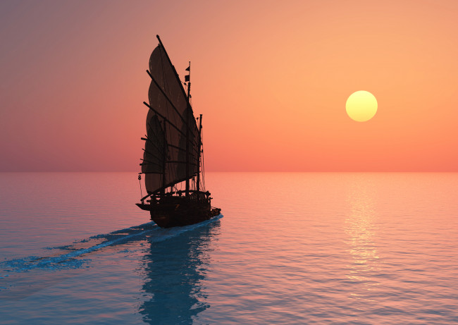 Обои картинки фото 3д графика, море , sea, парусник, закат, море