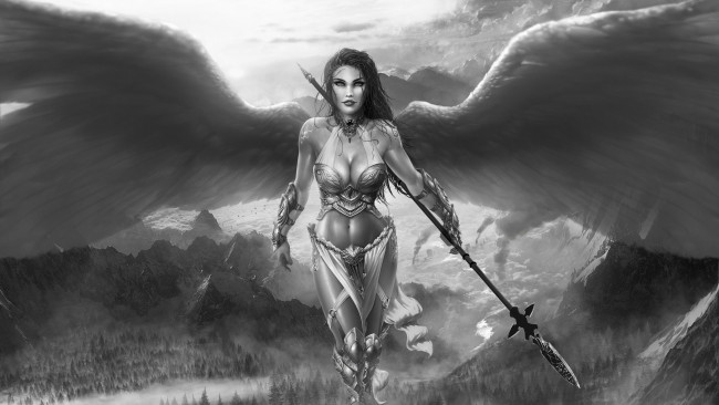 Обои картинки фото фэнтези, ангелы, девушка, фон, взгляд, крылья, копьё