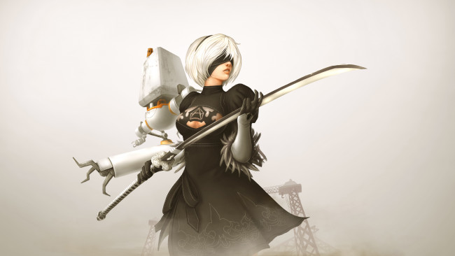 Обои картинки фото видео игры, nier,  automata, девушка, фон, повязка, платье, меч