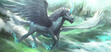 обоя фэнтези, пегасы, пегас, замок