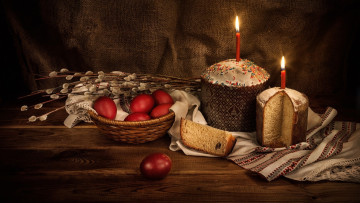 Картинка праздничные пасха верба крашенки куличи свечи