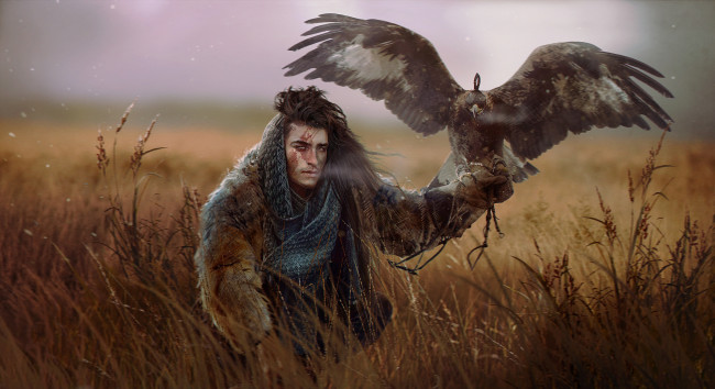 Обои картинки фото 3д графика, люди и животные , people and animals, мужчина, фон, взгляд, ястреб