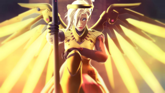 Обои картинки фото видео игры, overwatch, девушка, фон, взгляд, крылья