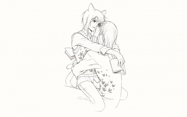 Обои картинки фото аниме, loveless, аояги, рицка, агатсума, соби, книги, объятия