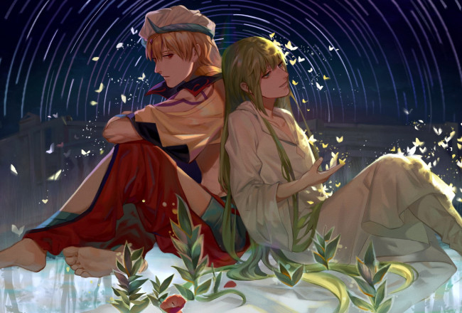 Обои картинки фото аниме, gilgamesh, парни, бабочки, цветы