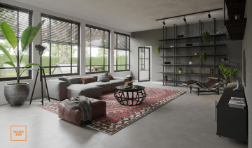 обоя интерьер, гостиная, диван, окна, ковер, полки