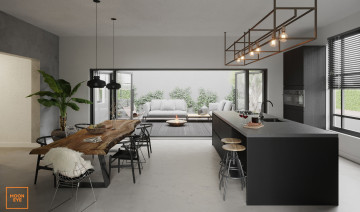 Картинка интерьер столовая столы стулья растение табуретки кран диваны