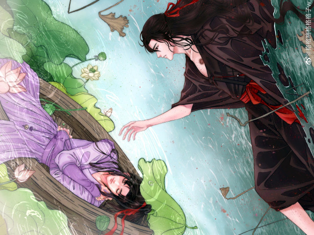 Обои картинки фото аниме, mo dao zu shi, вэй, усянь, цзян, чэн, лодка, лотосы