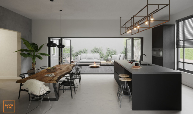 Обои картинки фото интерьер, столовая, столы, стулья, растение, табуретки, кран, диваны