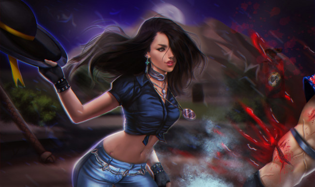 Обои картинки фото видео игры, mortal kombat, девушка, фон, шляпа