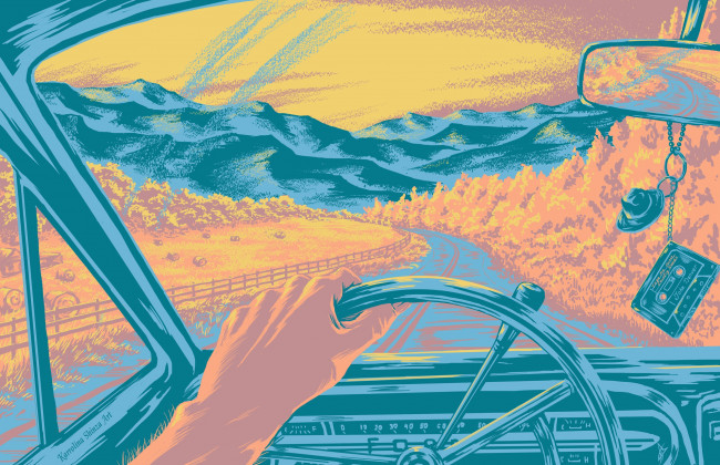 Обои картинки фото векторная графика, другое , other, машина, руль, рука, дорога, природа