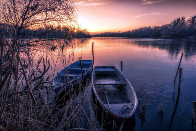 Обои картинки фото корабли, лодки,  шлюпки, закат, река