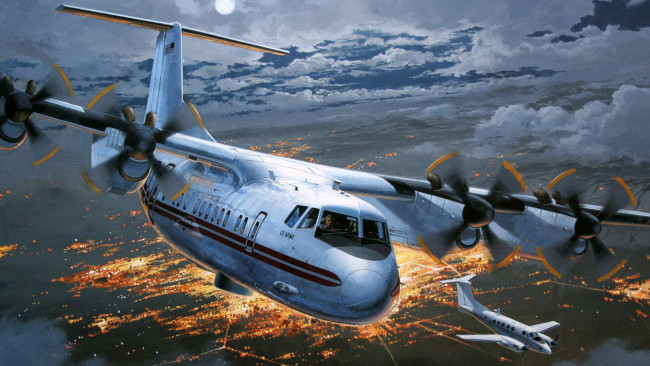 Обои картинки фото рисованные, авиация, луна, огни, ночь, город, армия, сша, самолёт, самолёт-разведчик, huron, eo-5, beechcraftm, c-12, облака