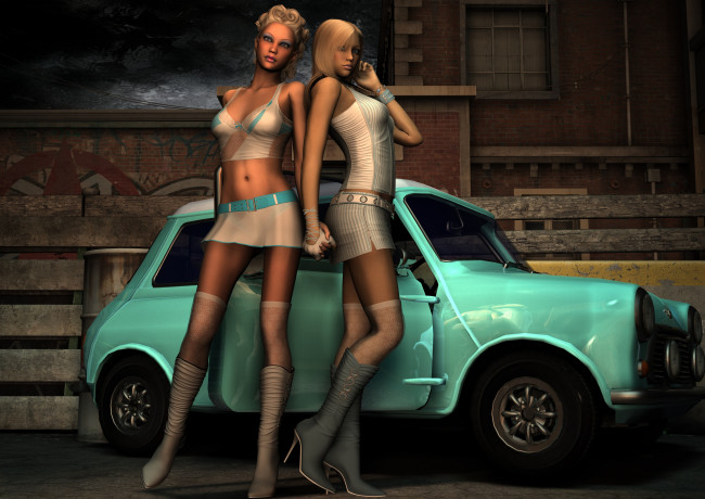 Обои картинки фото автомобили, 3д, девушки, автомобиль